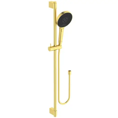 Brausekombination in gebürstetem Gold von Ideal Standard, bestehend aus einer Handbrause und einer festen Duschstange, montiert an einer Wand.